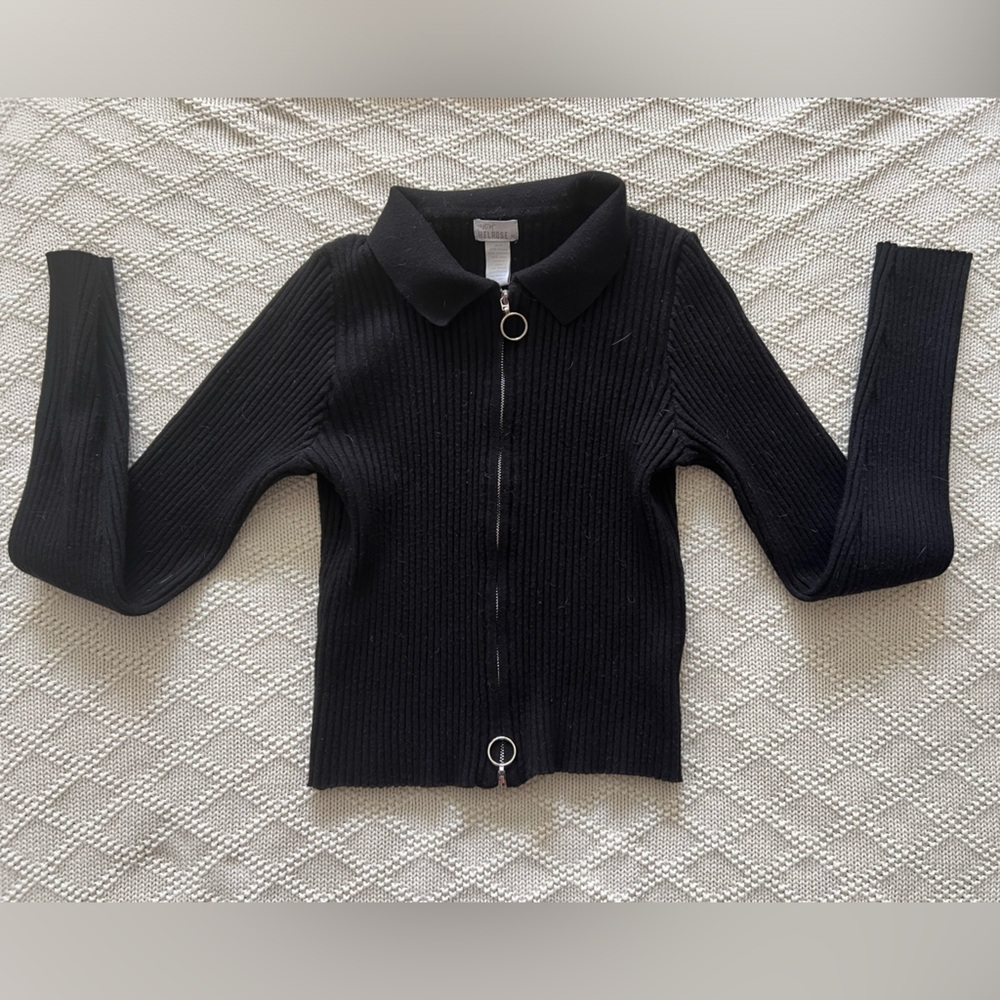 Ribbed collared black very stretchy zip-up sweater three-way adjustable zipper